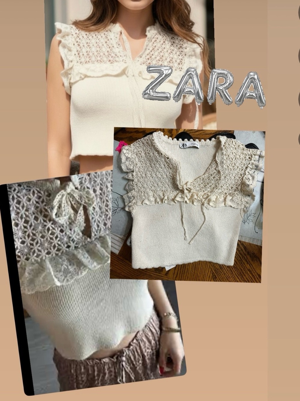 ZARA Cream Crochet Yoke Knit Camisole